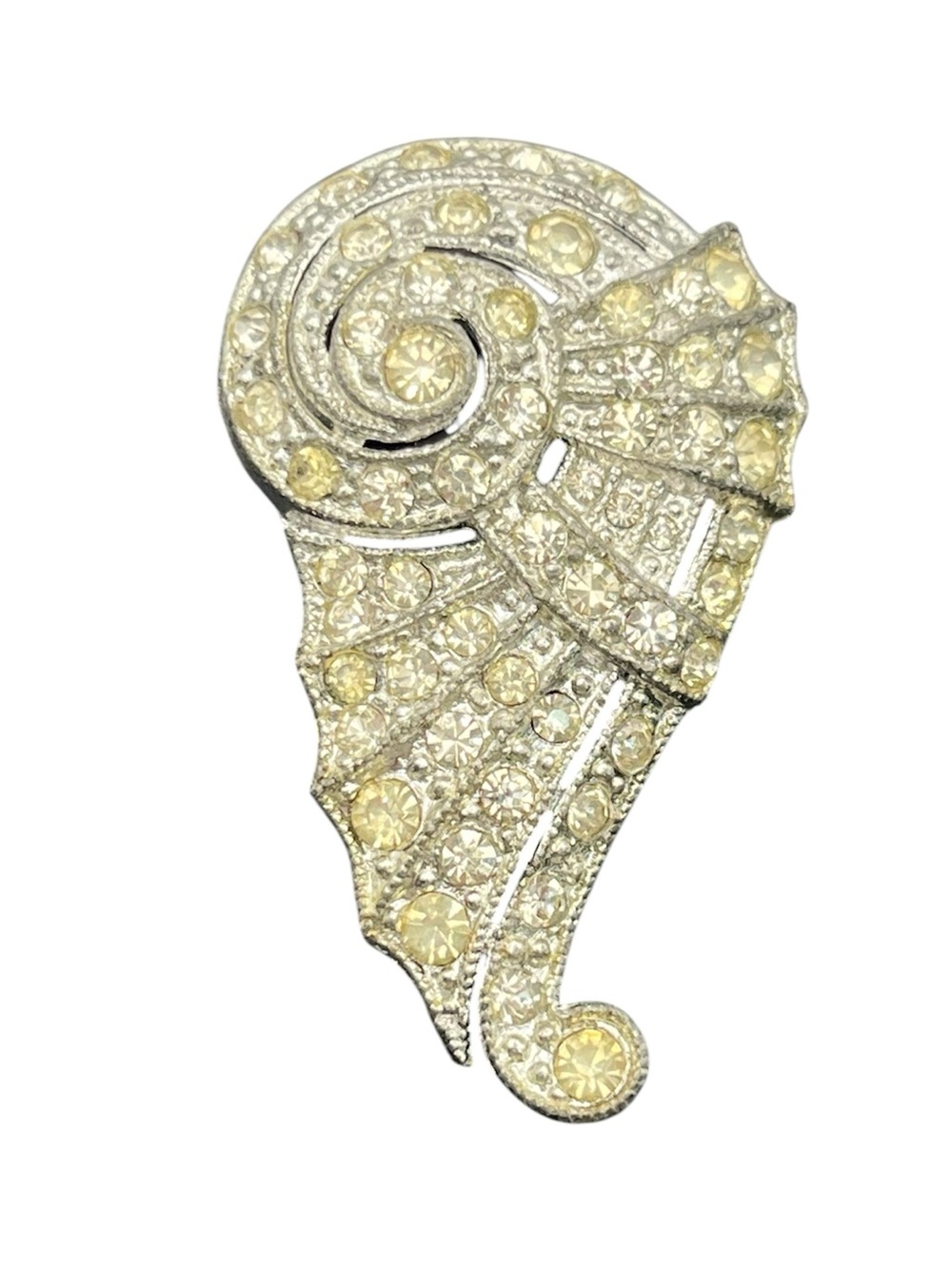 Art Deco clear rhinestone silver tone geometric swirl dress clip vintage